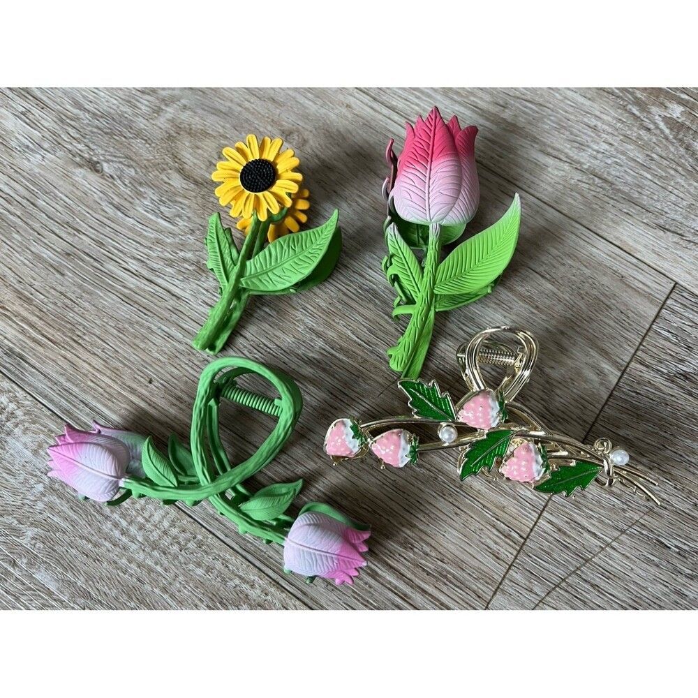 4Pcs Flower Metal Claw Hair Clip Womens  Girls Tulip Sunflower Strawberry 4 Set